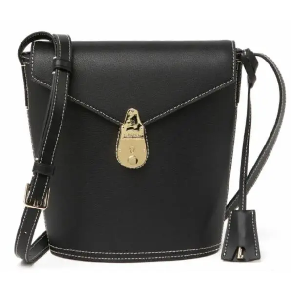 Calvin Klein Crossbody Bucket Bag Black Leather Gold Logo Engraved Pushlock