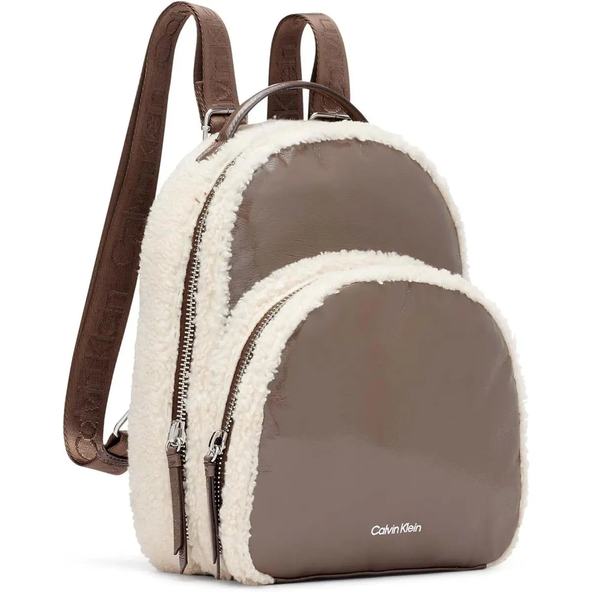 Calvin Klein Backpack Patent Leather Sherpa Fur Double-zip-around Dome
