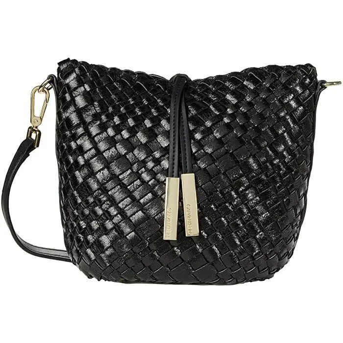 Calvin Klein Bucket Tote Weaved Black Leather Crossbody Logo Engraved Tassel