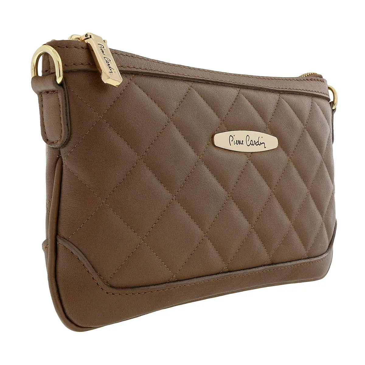 Dark Taupe Leather Quilted Crossbody Bag by Pierre Cardin