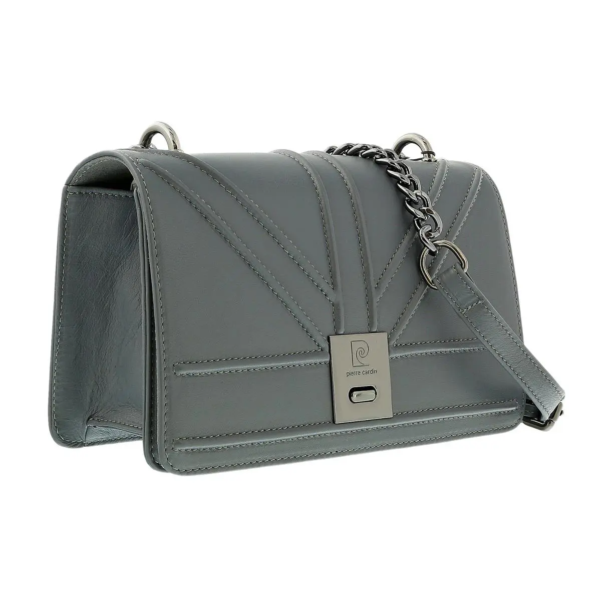 Grey Leather Large Structured Shoulder Bag by Pierre Cardin