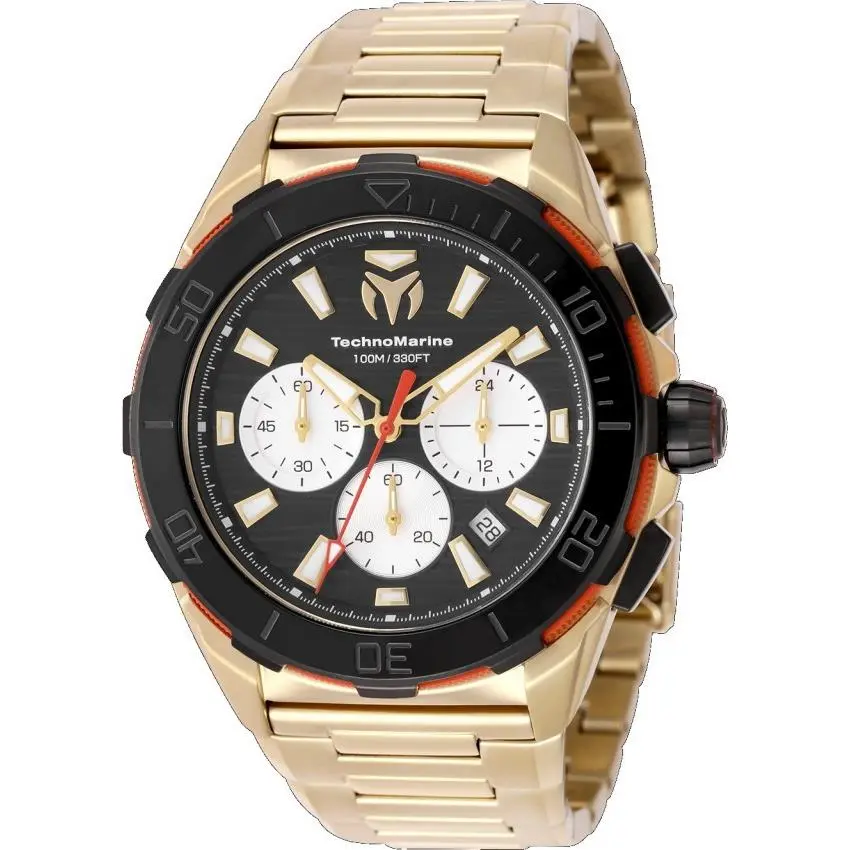 Technomarine Seven Seas Men`s Quartz Watch VD53 Chronograph TM-725033 - Dial: Black, Band: Gold, Bezel: Black, Red