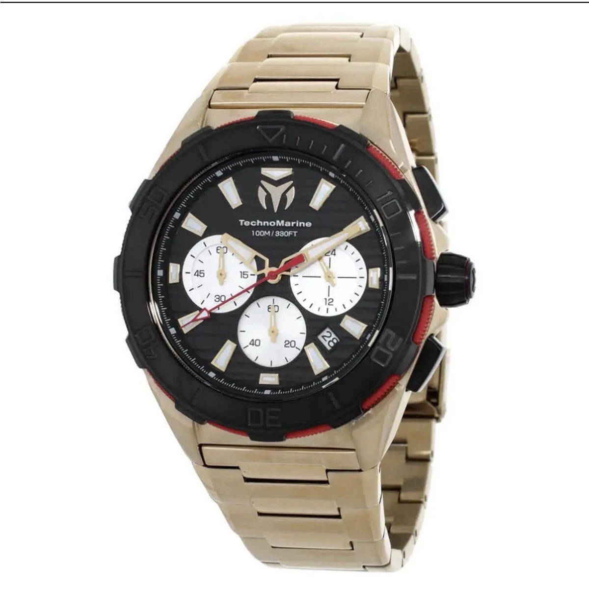 Technomarine Seven Seas Chronograph Gmt Quartz Black Dial Men`s Watch TM-725033 - Dial: Black, Band: Gold-tone, Bezel: Two-tone (Black and Gold)