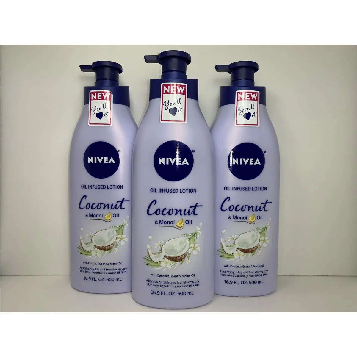 3 Nivea Body Lotion Coconut Monoi Oil Infused 24 Hr Moisture 16.9 Oz. Each