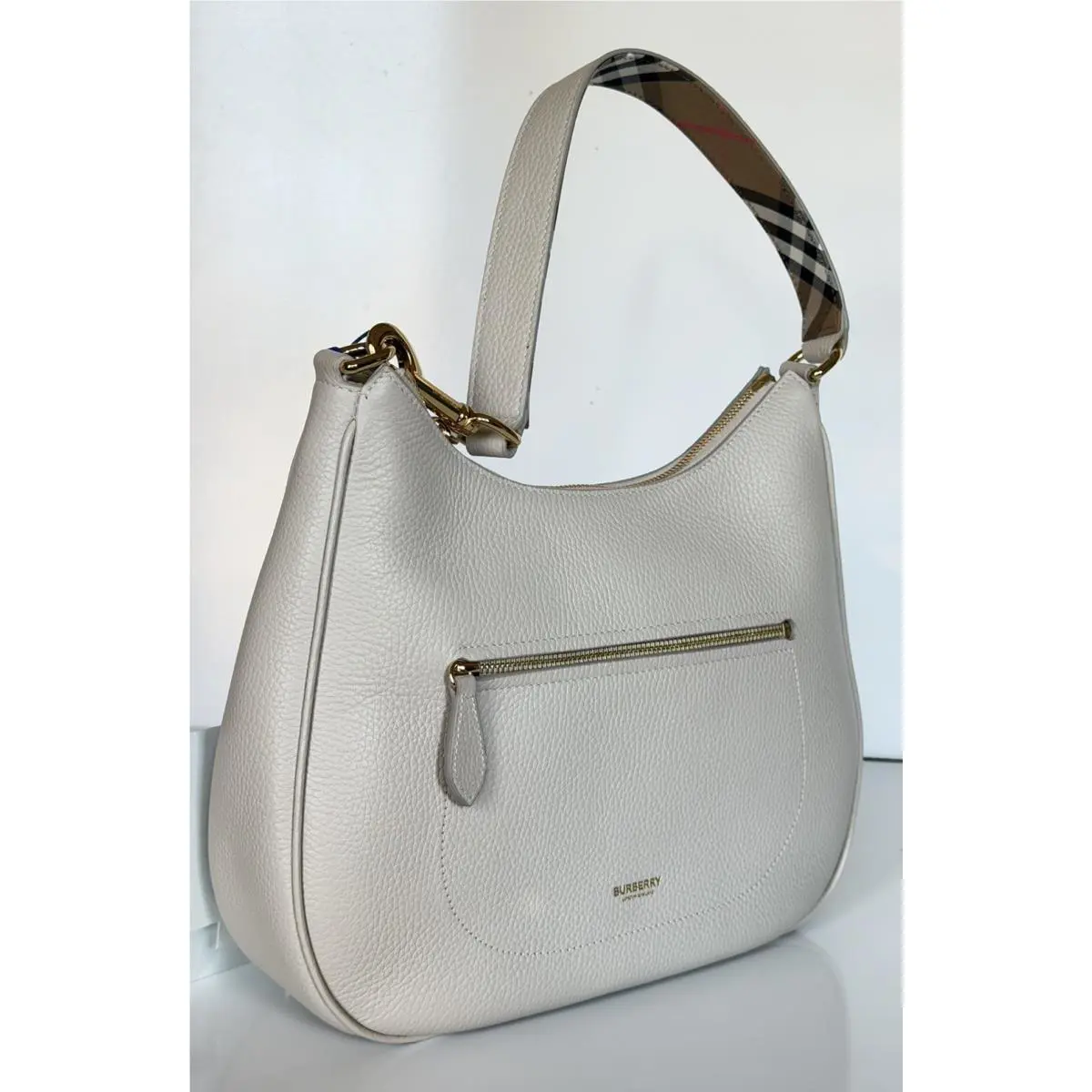 Burberry Hobo Leather Shoulder Bag Check Strap Limestone 81046801 IT