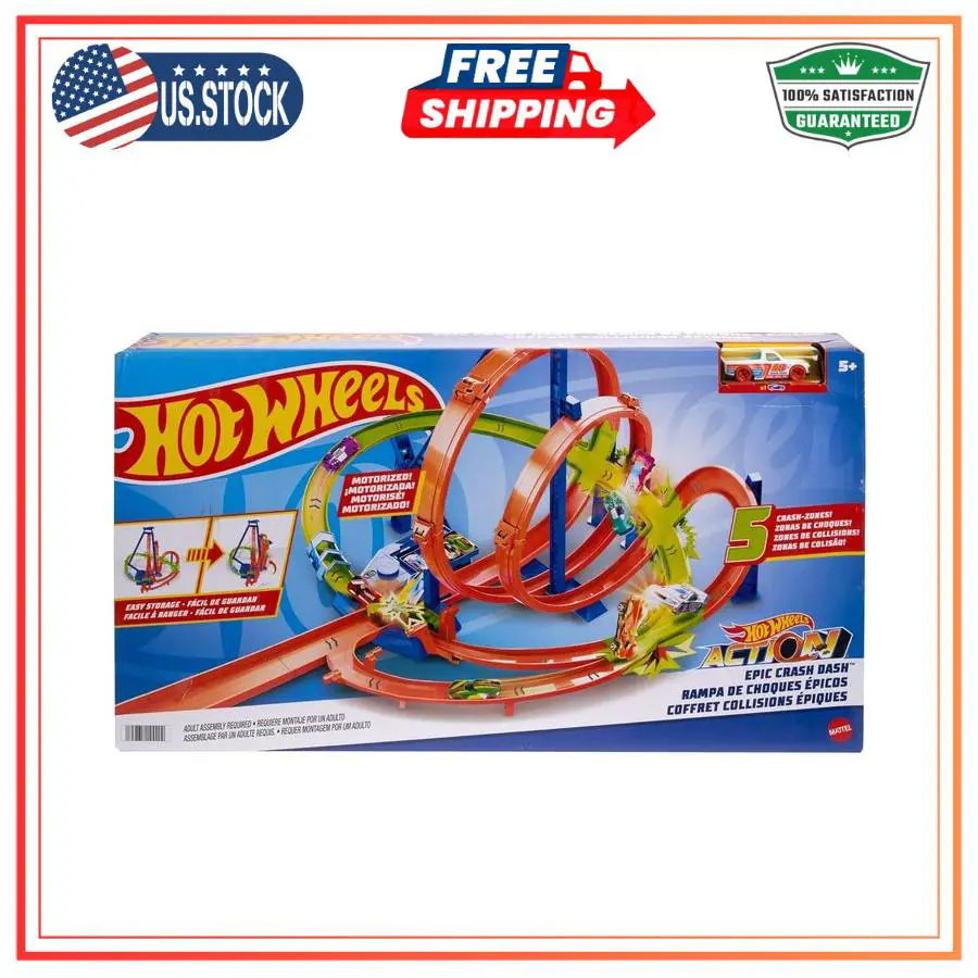 Hot Wheels Action Epic Crash Dash Track Set with 1:64 Car and 5 Zones Motorized