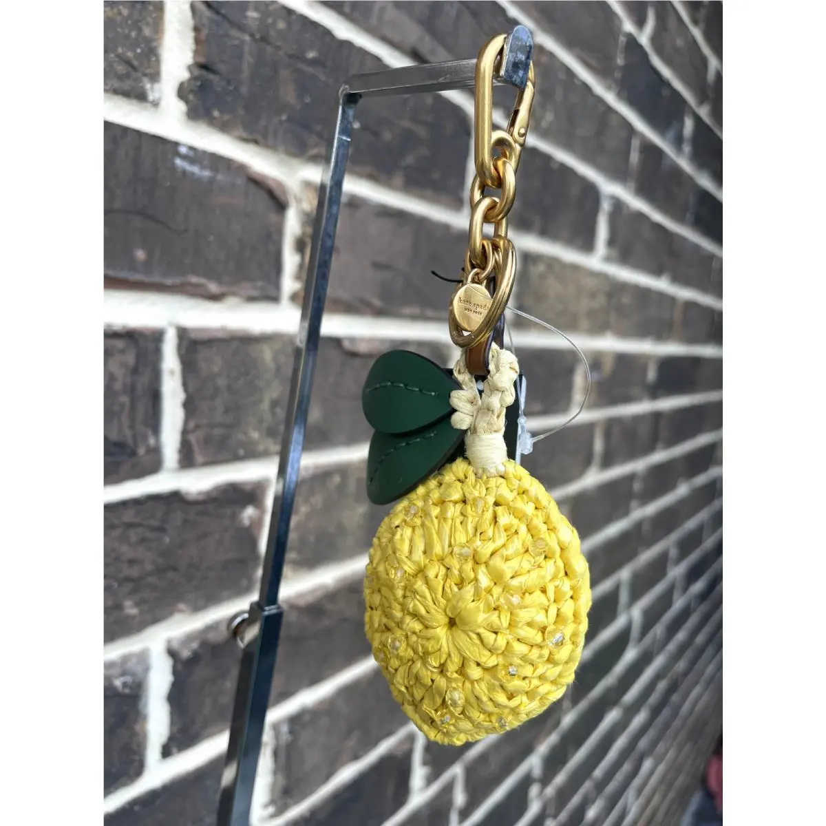 Kate Spade Lemon Drop Keychain Bag Charm Yellow Lthr Crochet Beaded Rattan