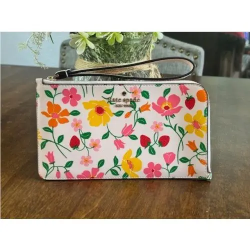 Kate Spade Strawberry Garden Medium L-zip Lucy Wristlet Pink Multi Floral
