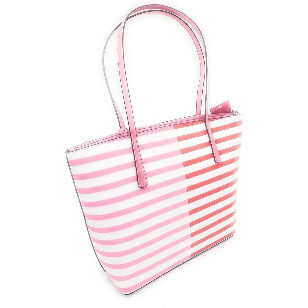 Kate Spade Zina Coated Canvas LG Tote Stripe Pink White Multi Shoulder Bag