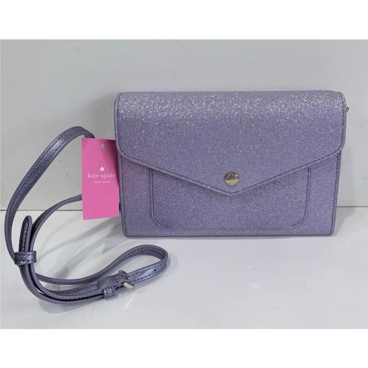 New Kate Spade Woman Tinsel Glitter Fabric Flap Crossbody Bag Lilac Purple
