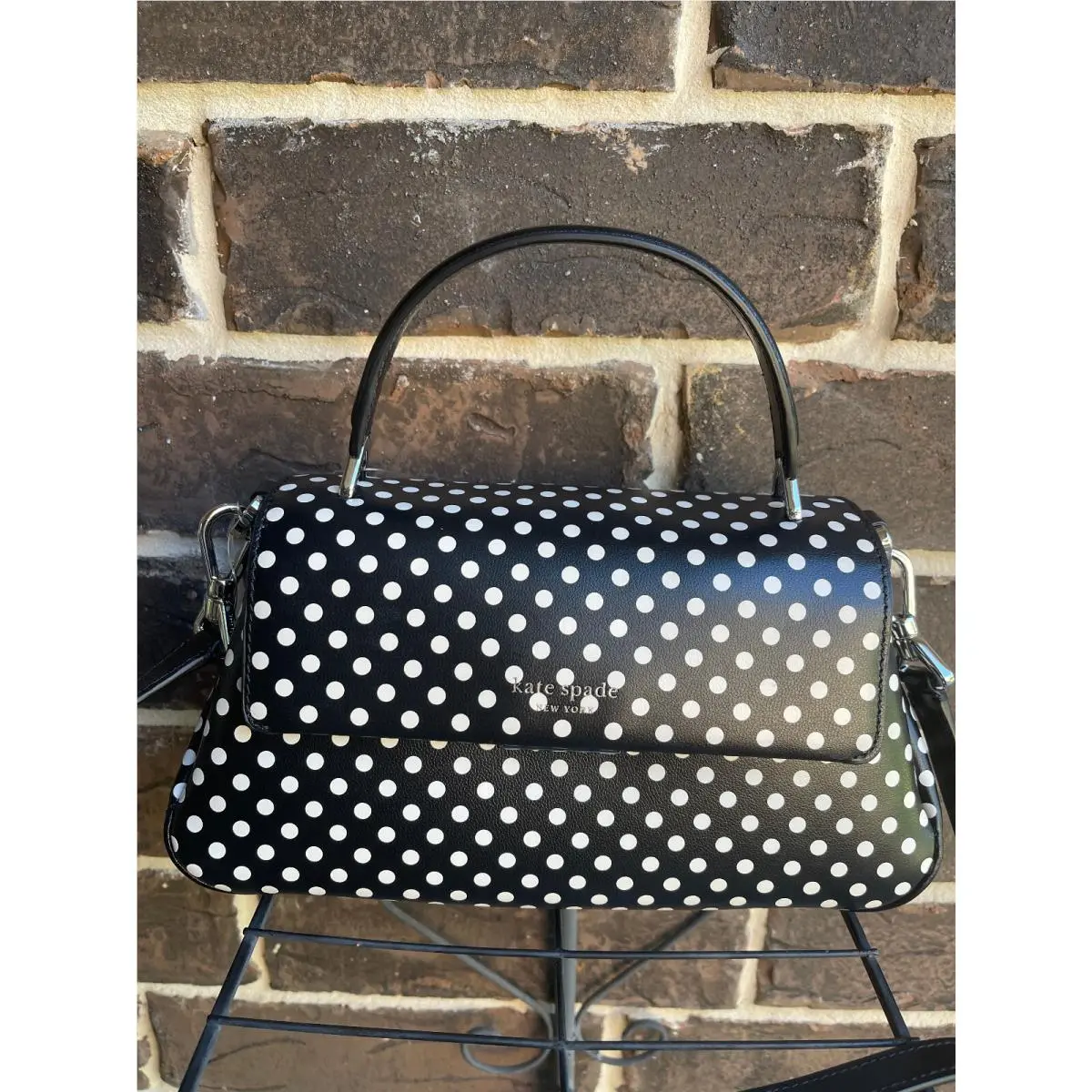 Kate Spade NY Grace Dot Fine Smooth Leather Convertible Satchel Black White