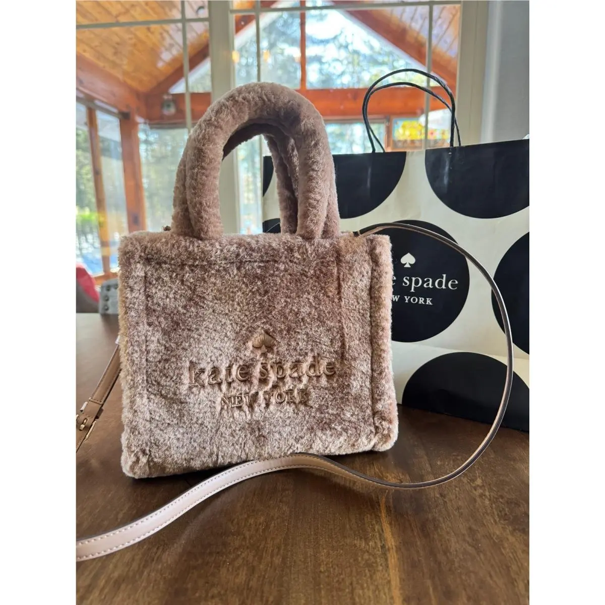 New  Ellie Fur Small Tote Black K3861 by Kate Spade