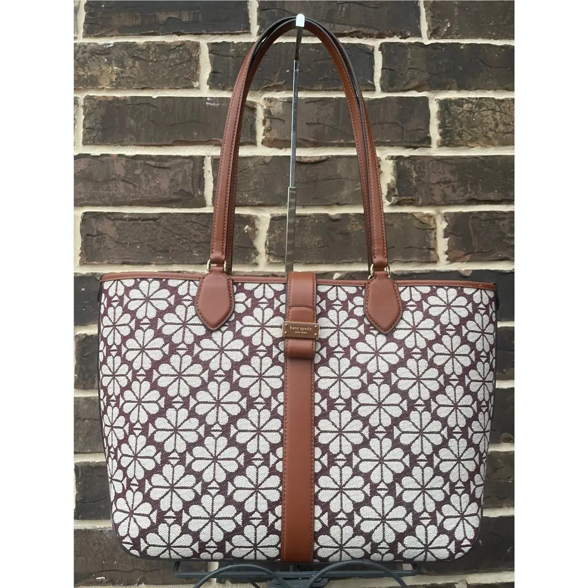 Kate Spade Spade Flower Jacquard Medium Open Tote Burgundy Brown
