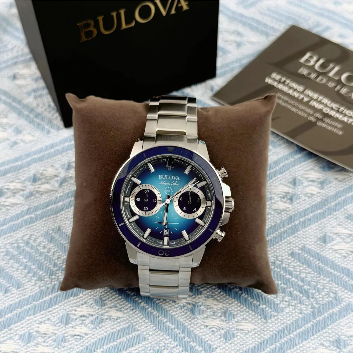 Bulova Men`s Marine Star Blue White Dial Steel Chronograph Watch 96B380 45mm