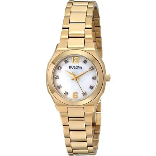Bulova 97P109 Diamond Accent Mother-of-pearl Dial Gold-tone Women`s Watch 26mm - Dial: Mother-of-pearl, Band: Gold, Bezel: Gold