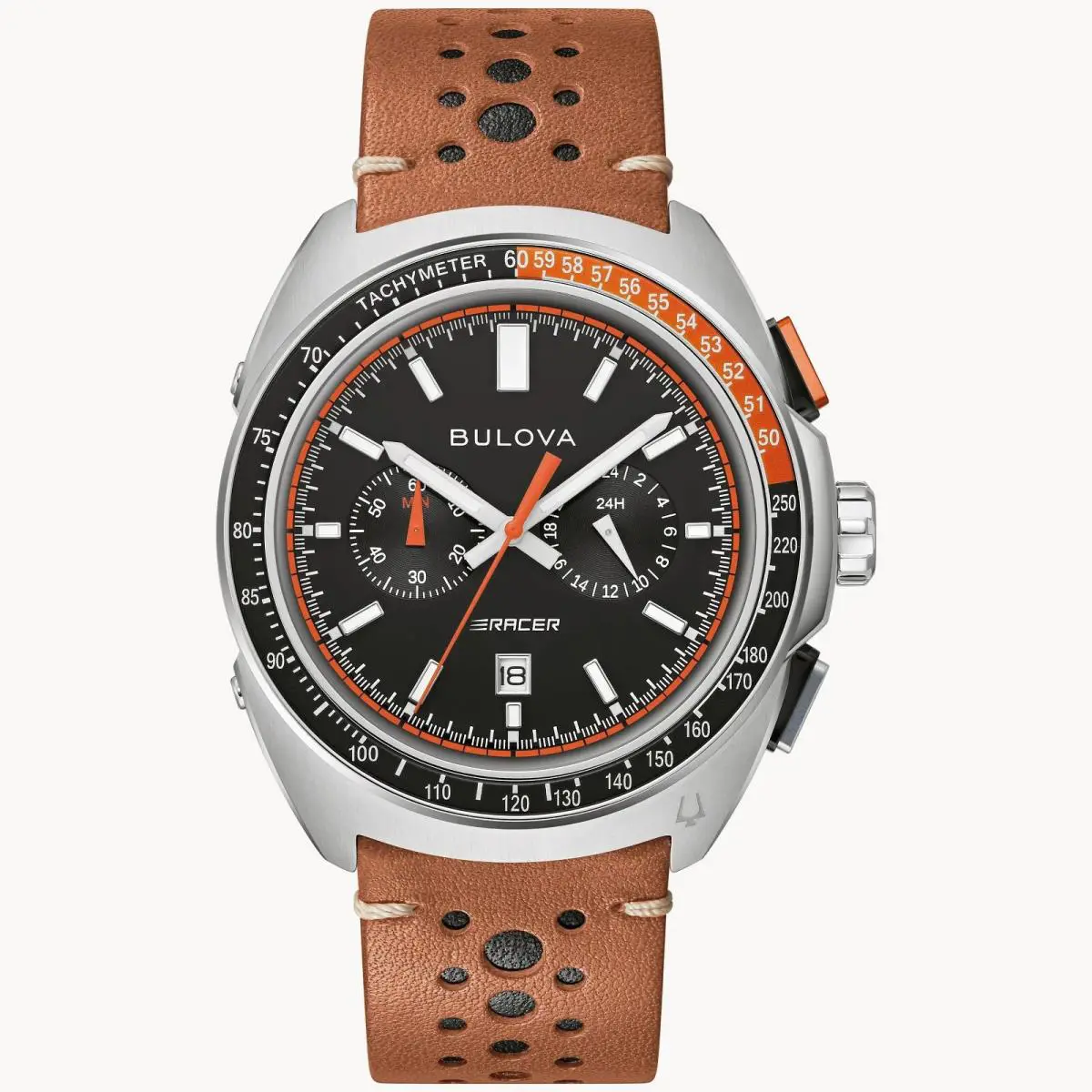 Bulova Watch Black Dial Leather Strap Racer Chronograph 98B427