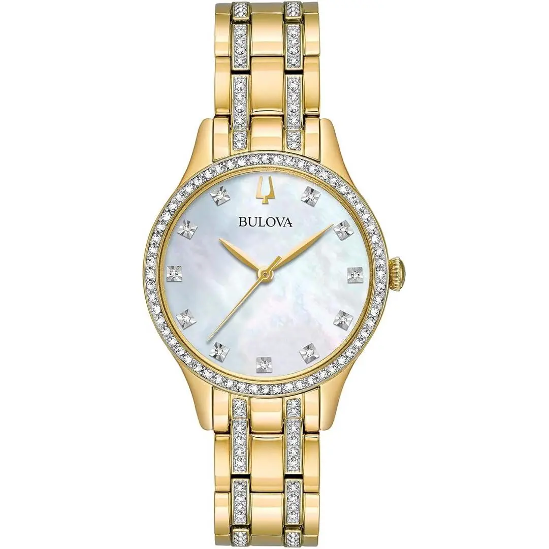 Bulova 98X119 Women`s Gold Tone Crystal Bracelet Watch Mop Dial Quartz + Bangles
