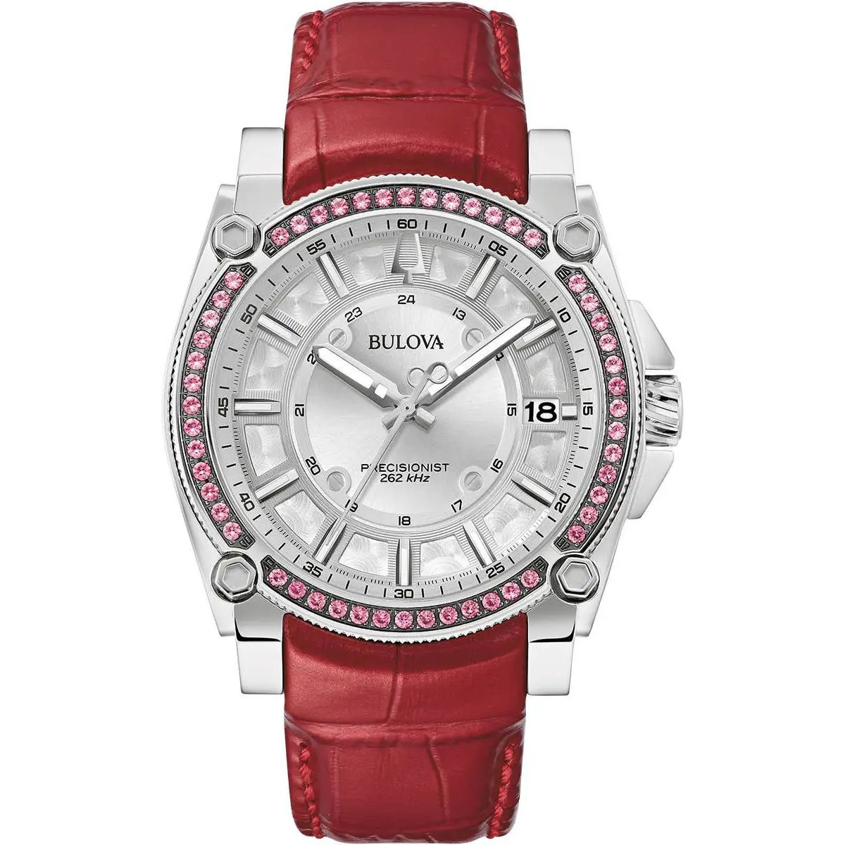 Bulova Mans Precisionist Red Sapphires Champlain Design 262KHz Watch 96J127 - Dial: Silver, Band: Red, Bezel: Silver