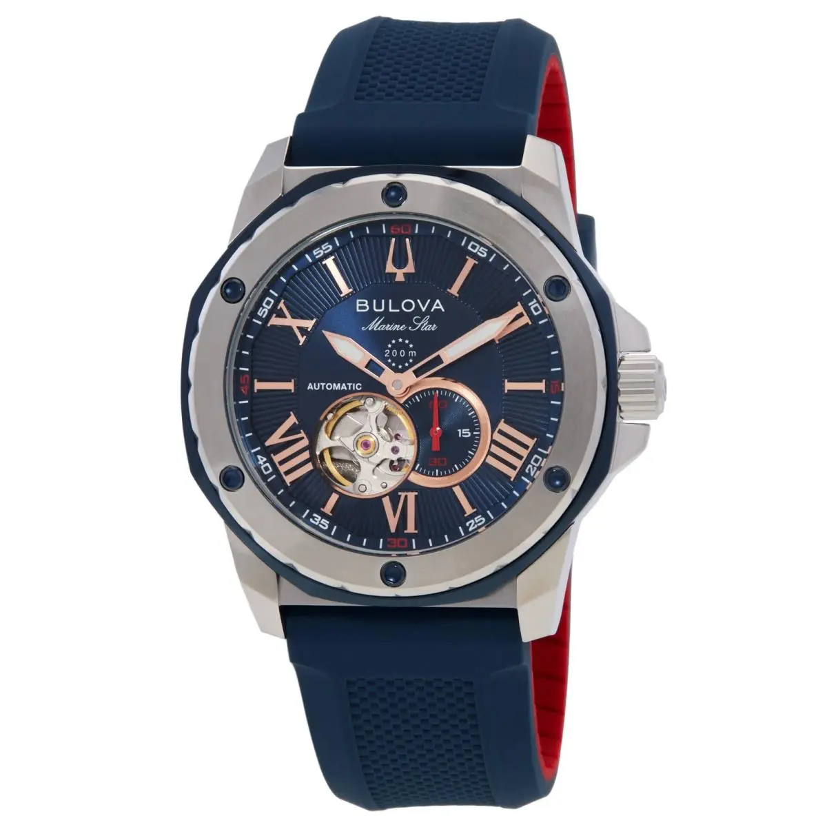 Bulova Marine Star Automatic Blue Dial Men`s Watch 98A282 - Dial: Blue, Band: Blue, Bezel: Silver-tone