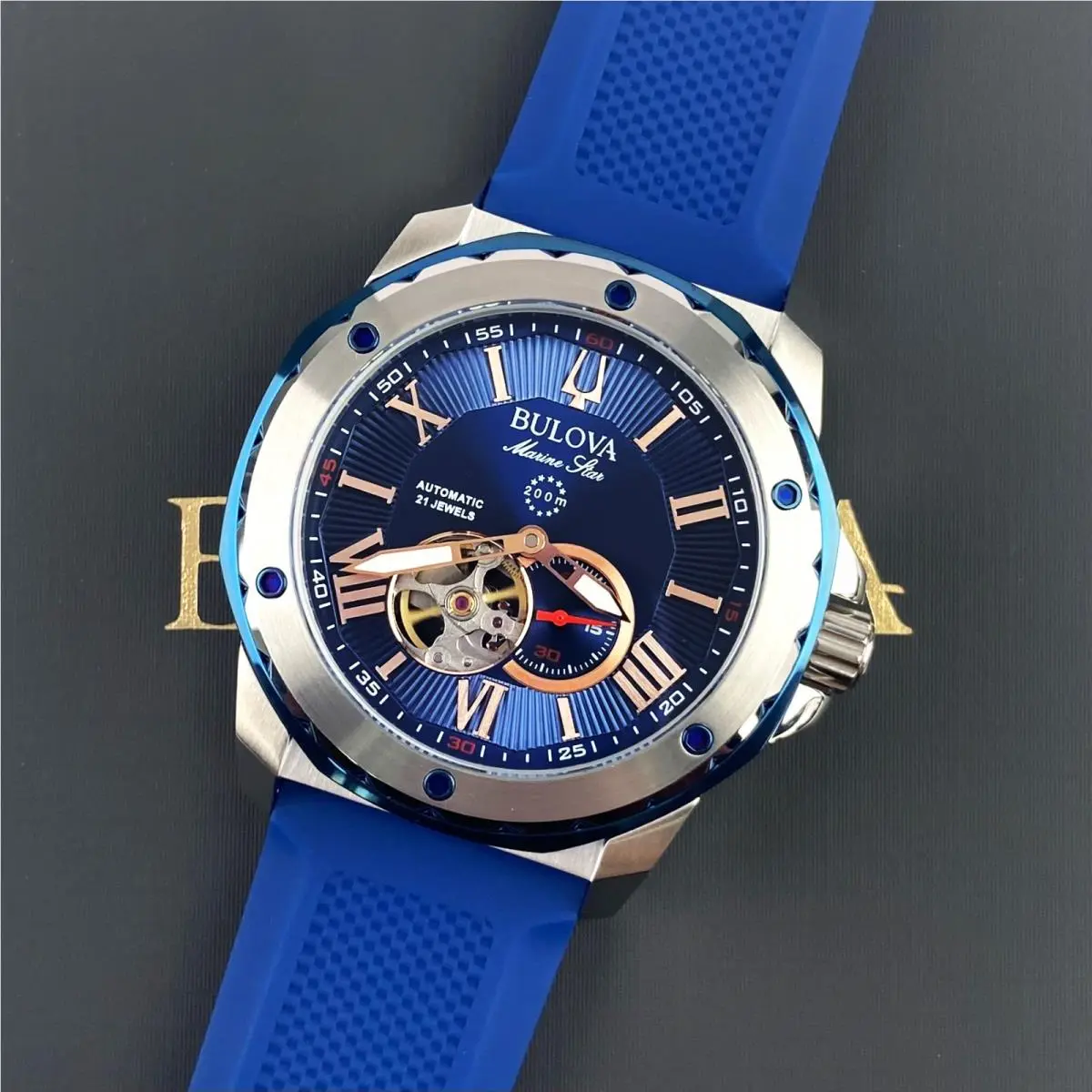Marine Star 98A282 Automatic 45mm Blue Dial Blue Rubber Strap Men`s Watch by Bulova