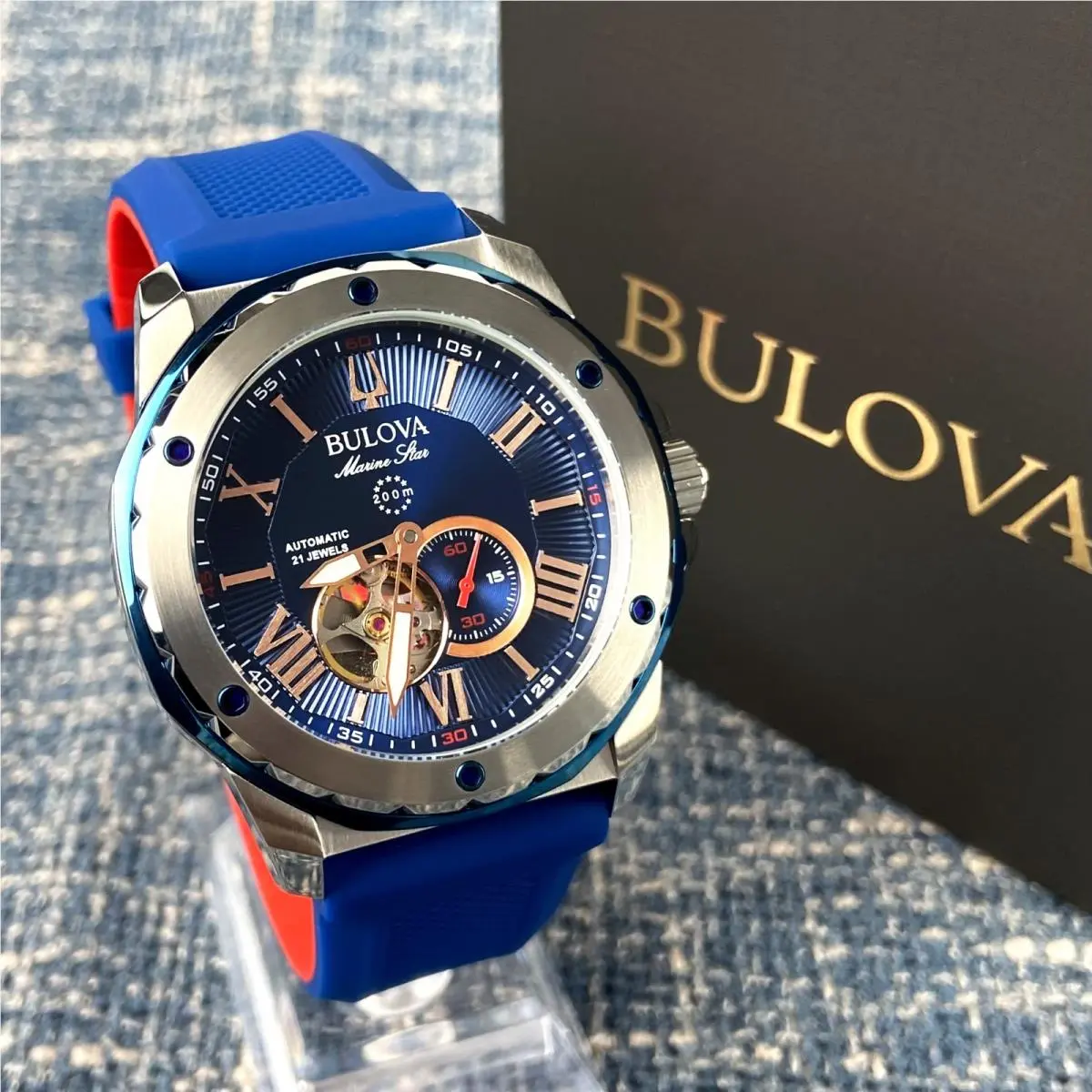 Bulova Marine Star 98A282 Blue Dial Silicone Strap Automatic Men`s Watch New/box