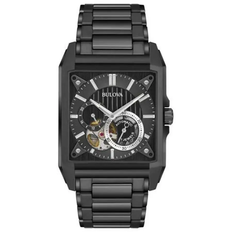 Bulova 98A180 Automatic 21 Jewels Open Heart Sapphire Crystal Black Men`s Watch
