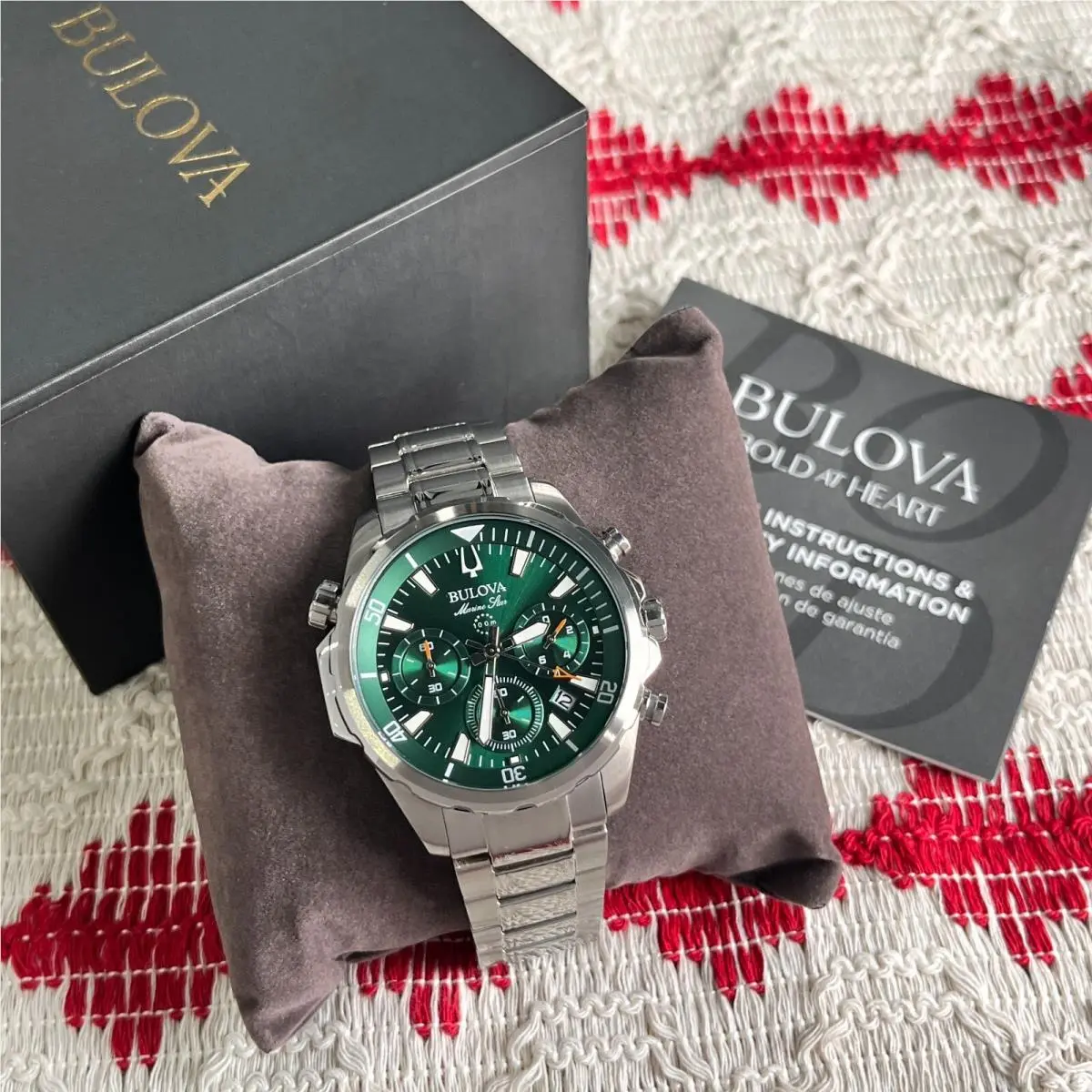 Classic Bulova Marine Star 96B396 Green Dial 43mm Chronograph Quartz Men`s Watch