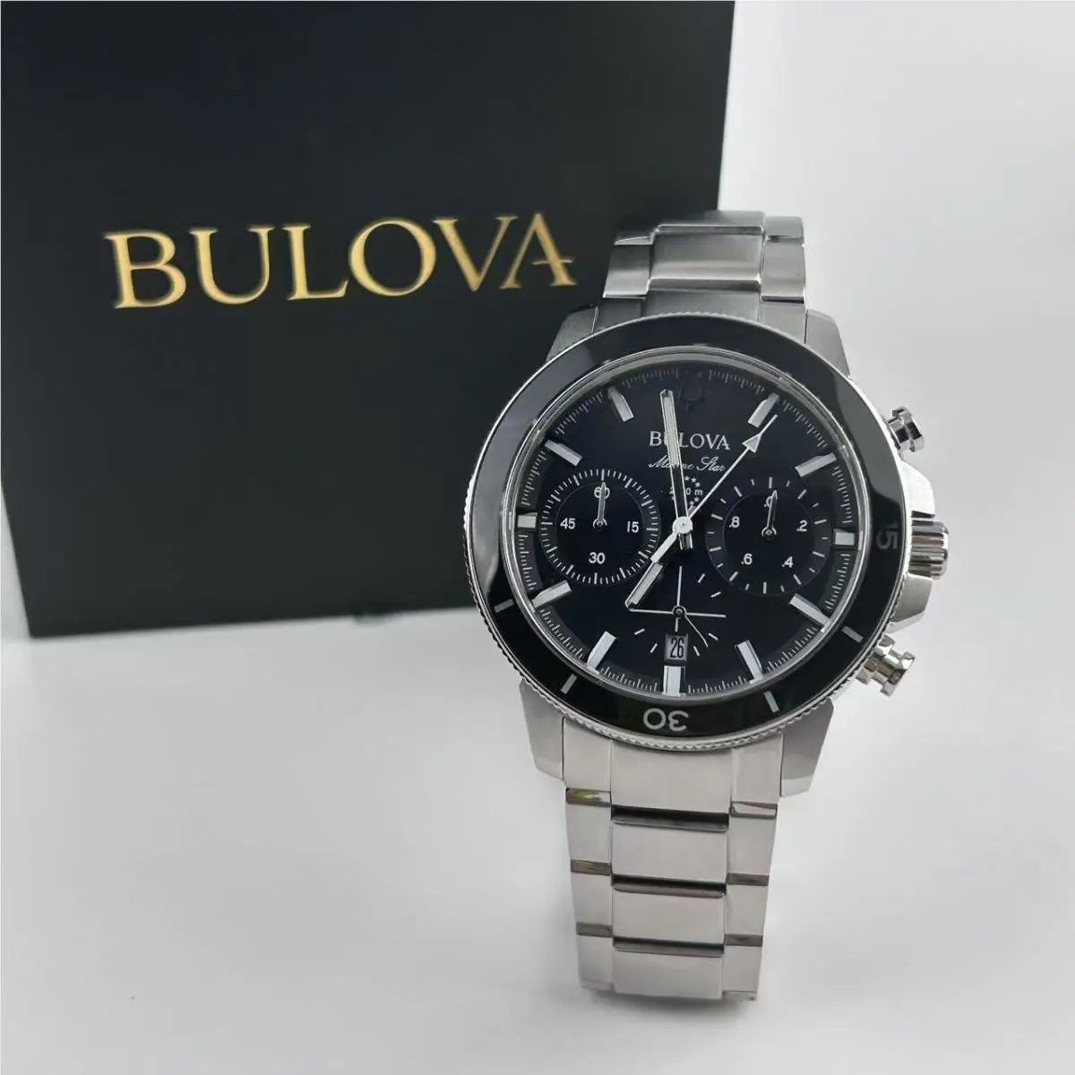 Bulova Marine Star 96B272 Black Dial Stainless Steel Men`s Quartz Watch 45mm