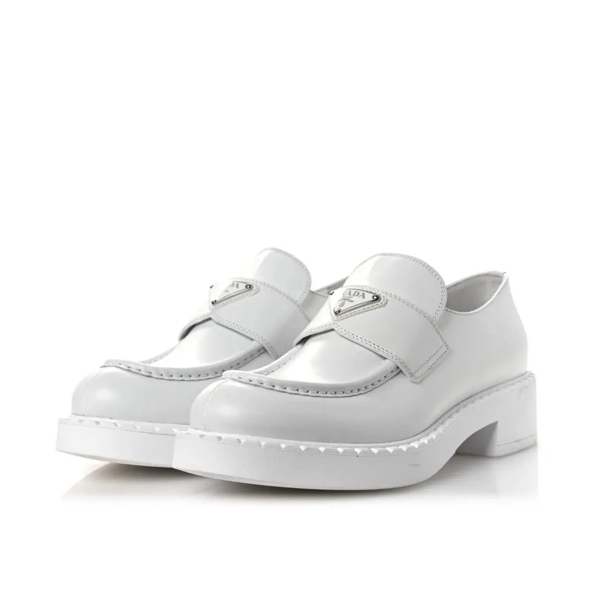 Prada Women`s White Chocolate Leather Triangle Logo Loafer Flats Size US 12 - White