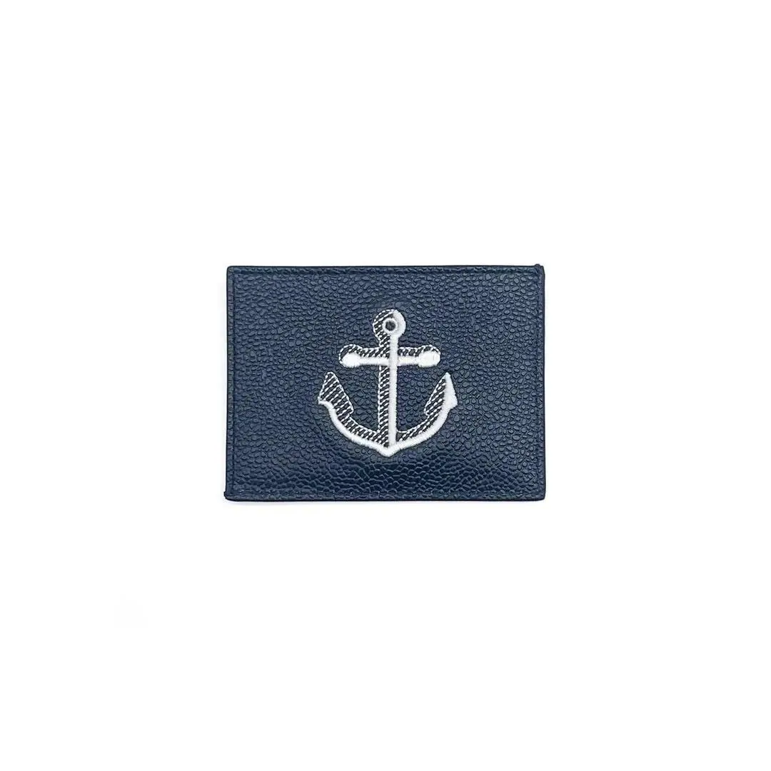 Embroidered Anchor Navy Leather Cardholder w Note Compartment by Thom Browne