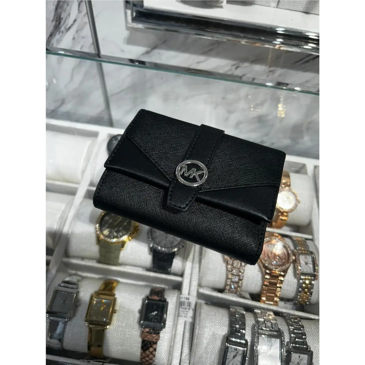 Michael Kors Greenwich Small Medium MK Silver-tone Leather Trifold Wallet Black