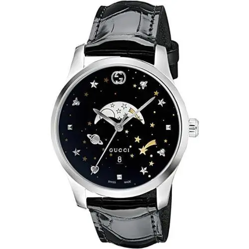 40MM YA126327 G-timeless Men`s Moonphase Display Black Leather Watch by Gucci