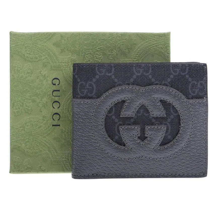 Gucci GG Supreme Gray Leather Cut-out Interlocking G Bifold Wallet W/box
