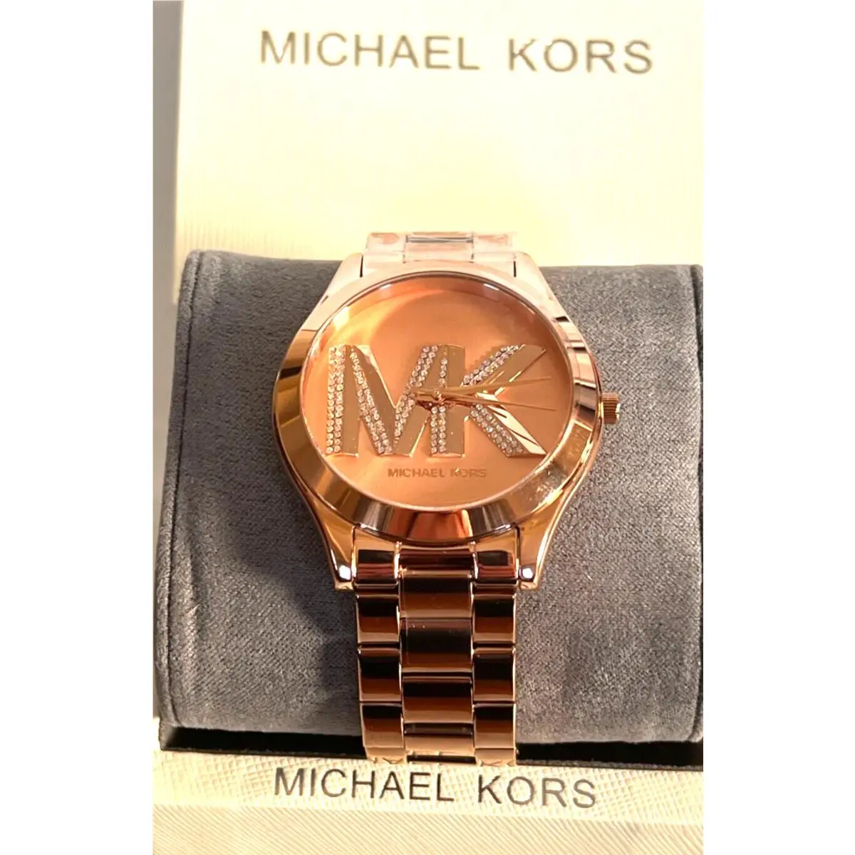 Michael Kors MK4733 Slim Runway MK Logo Dial Rose Gold-tone Women`s Watch