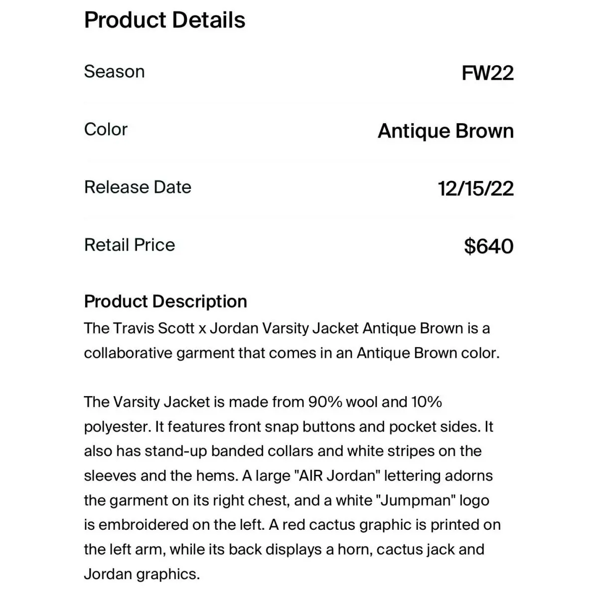 Nike clothing - Travis Scott × Jordan Varsity Jacket - DO4103-256 - Antique Brown/Cream (UPC: 190866317975) 21