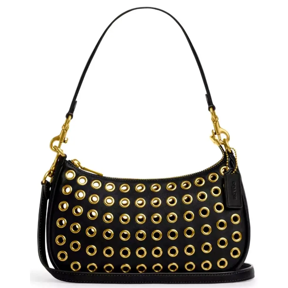 Coach Teri CY646 Smooth Leather Shoulder X-body Bag with Grommets In Black Brass