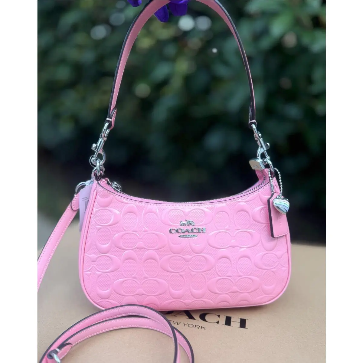 Coach CDA98 Teri Shoulder Bag In Signature Leather with Heart Charm Pink