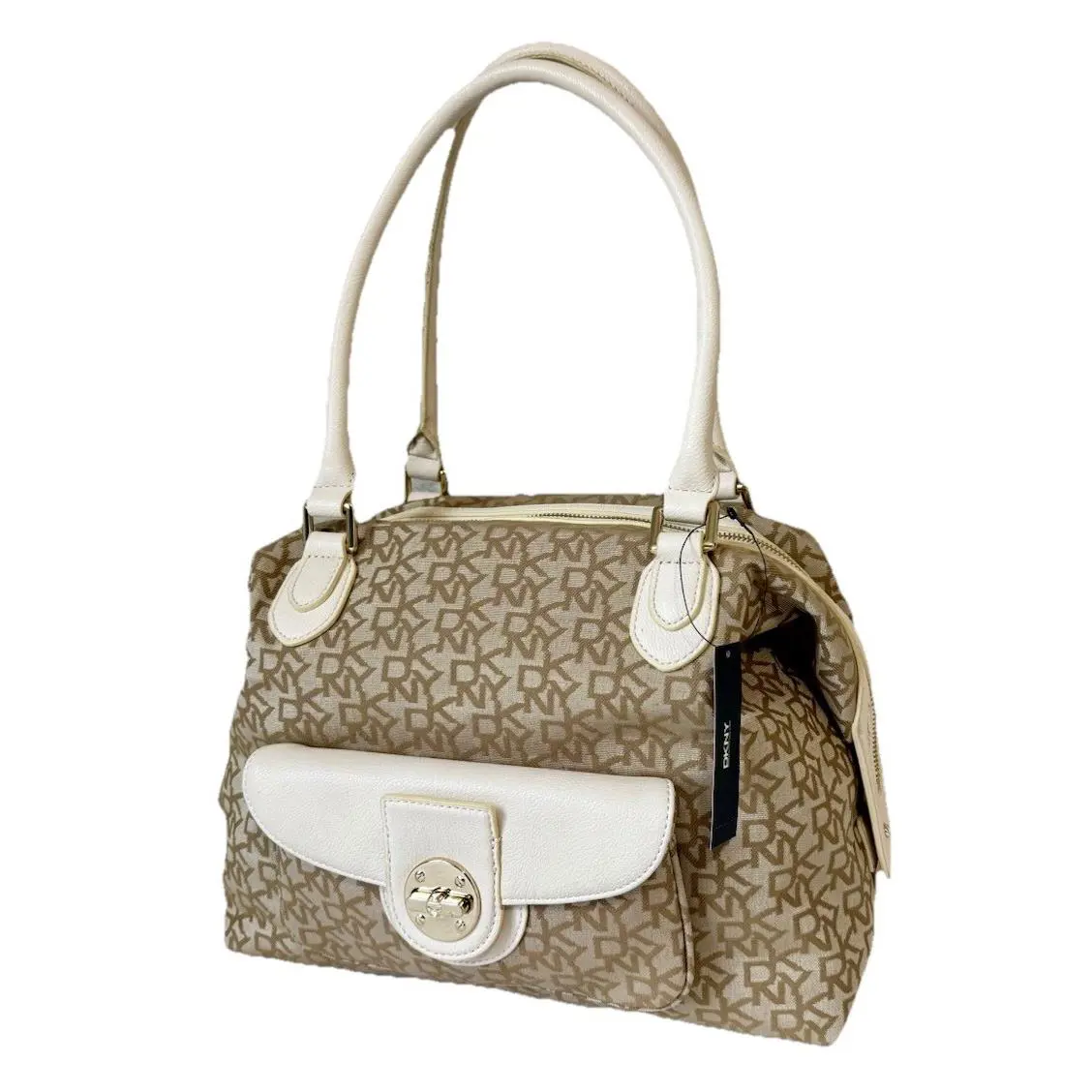 Dkny Hemp-ivory Turn-lock Signature Satchel Bag Handbag Purse