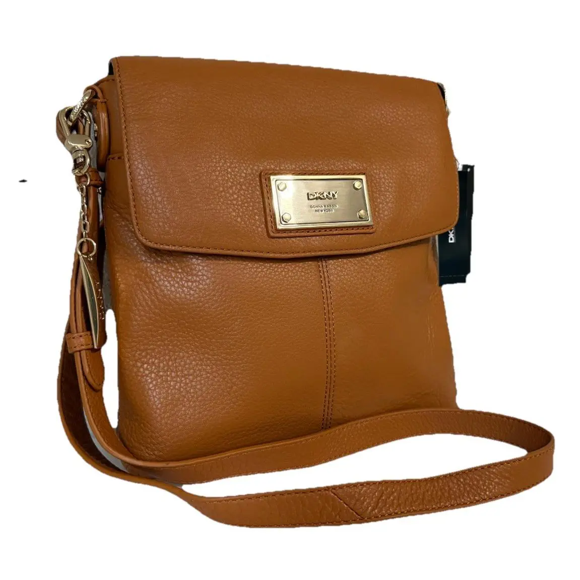 Dkny Camel Soft Leather W/logo Plaque Crossbody Handbag