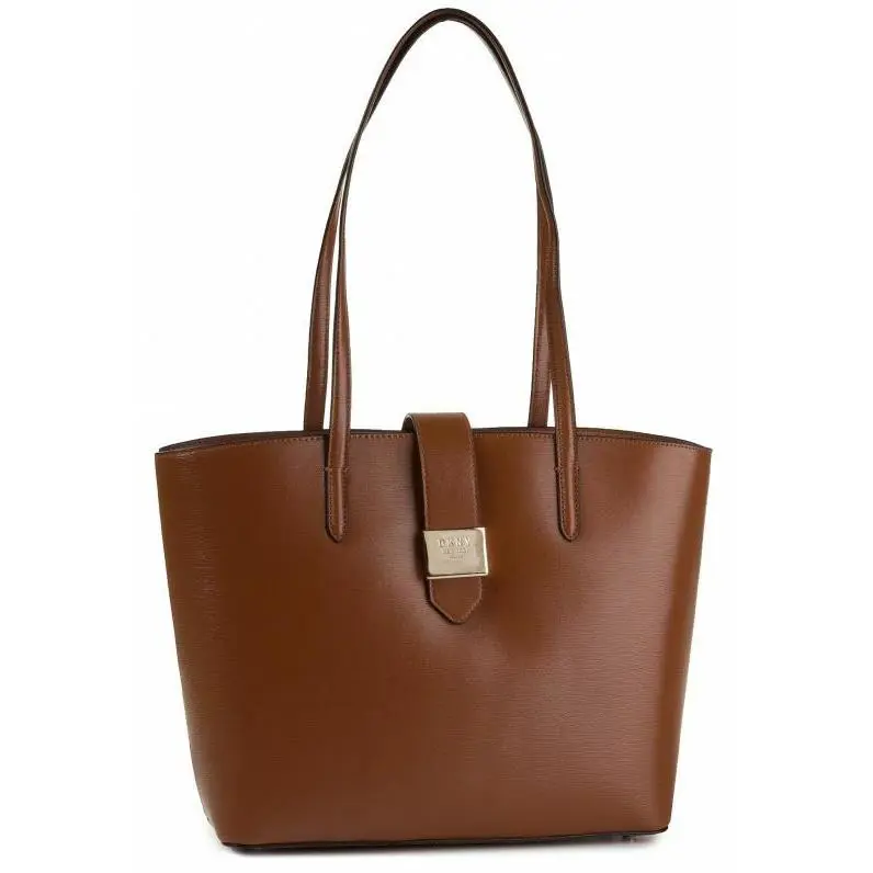 Dkny XL Bucket Tote Shoulder-bag Brown Crossgrain Leather Gold Signature Snap