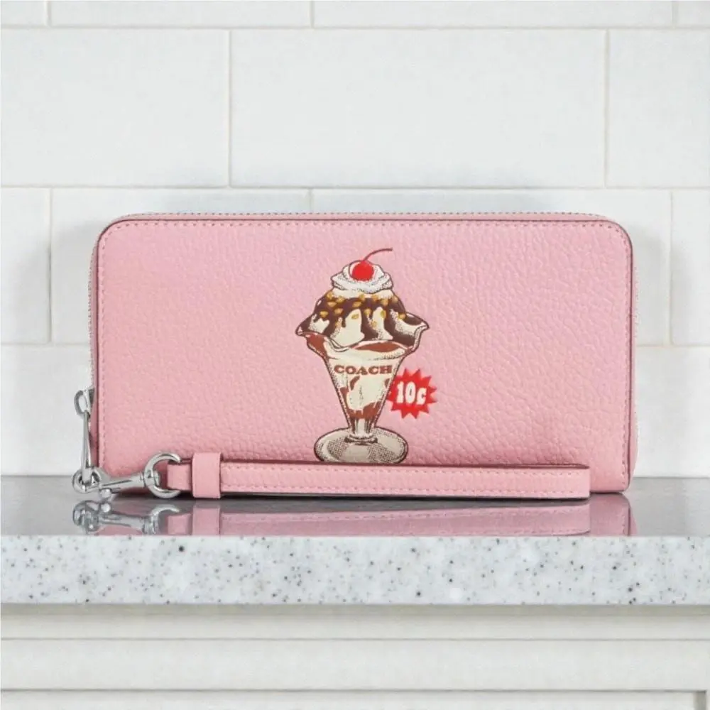 Coach Long Zip Around Pink Leather Wallet with Sundae Graphic CU380