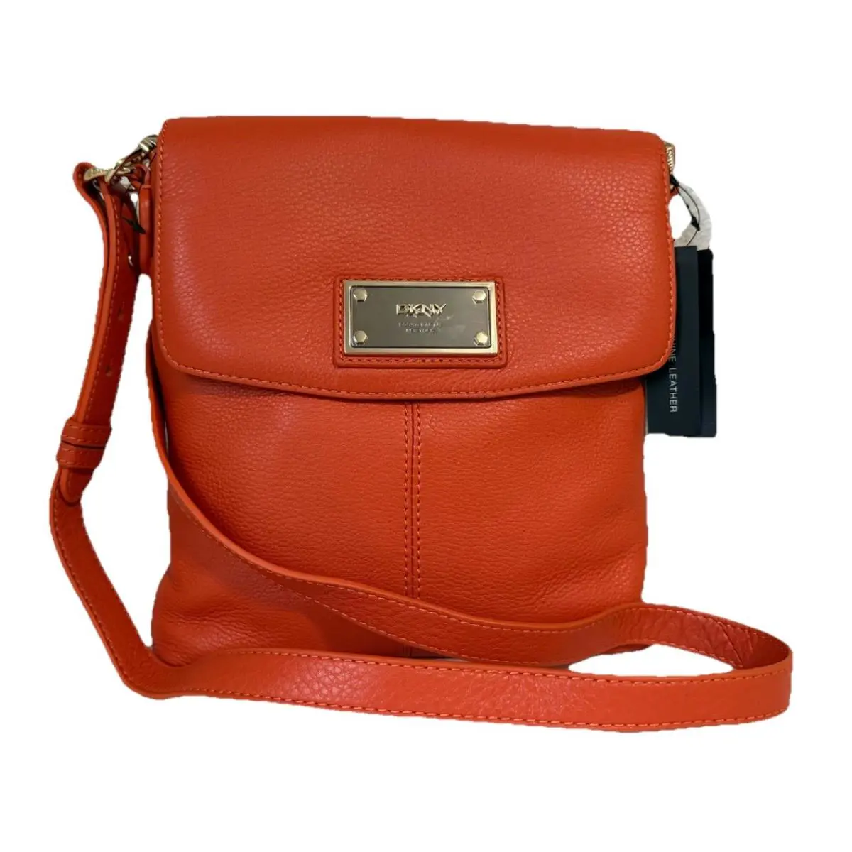 Dkny Orange Soft Leather W/logo Plaque Crossbody Handbag - Handle/Strap: Orange, Hardware: Gold, Exterior: Orange