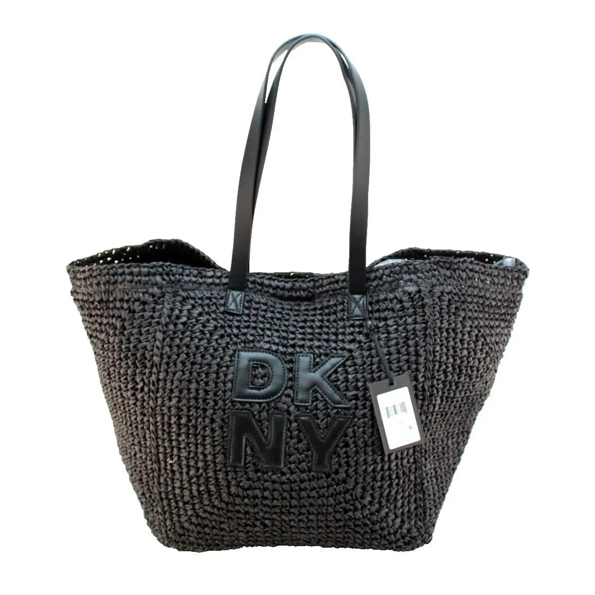 Dkny Paloma Black Natural Weave with Stitched Logo Large Tote Bag
