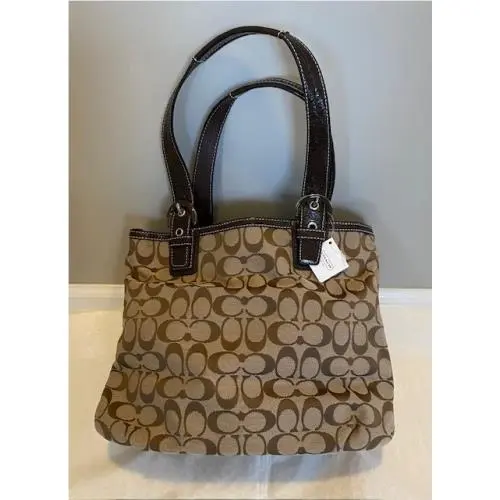 Coach 17401 Soho Brown Signature - Brown Leather Trim Tote Purse