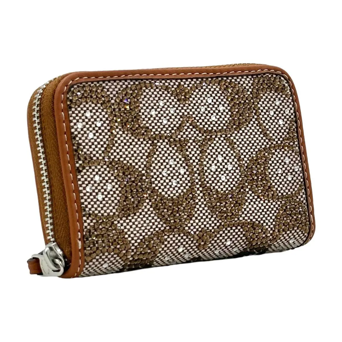 Coach Small Zip Around Crystal Signature Jacquard Contrast Trim Wallet- Burnishe