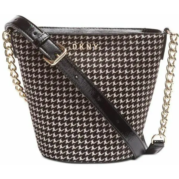 Dkny Crossbody Bucket Tote Calf Hair Leather Black White Houndstooth