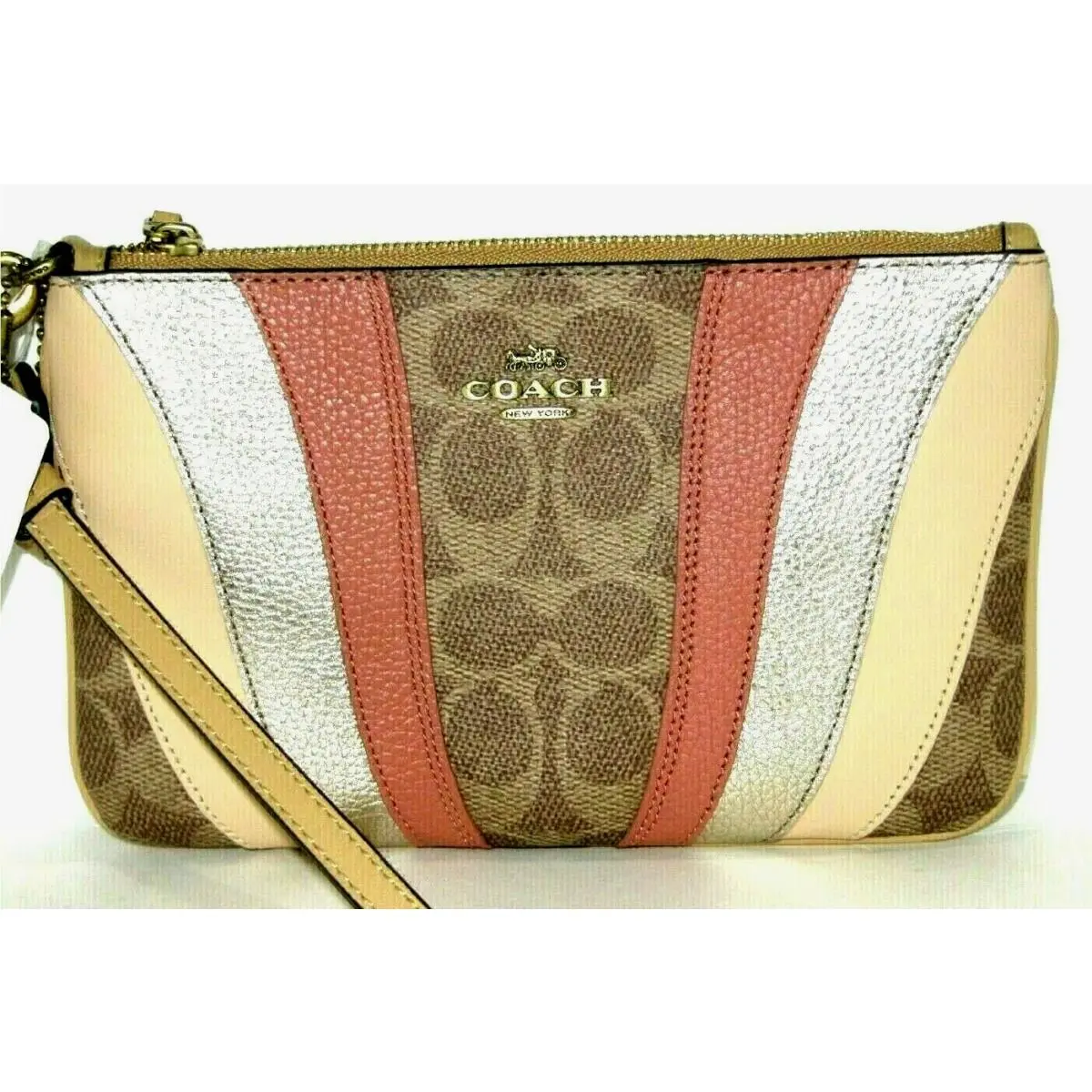 Coach 71484 Wristlet Bag Signature Patchwork Gold Khaki Tan