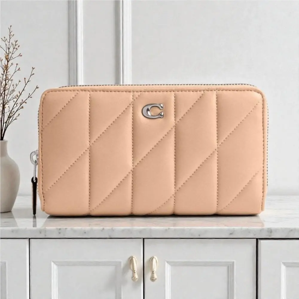 Coach Accordion Zip Leather Wallet with Pillow Quilting in Silver/buff CP441