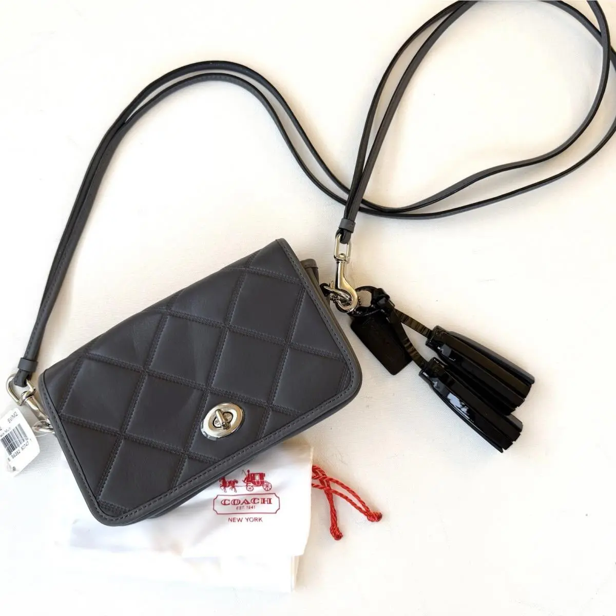 Coach Penny Shoulder In Embossed Quilted Leather 25822 Purse Clutch Dk Gray