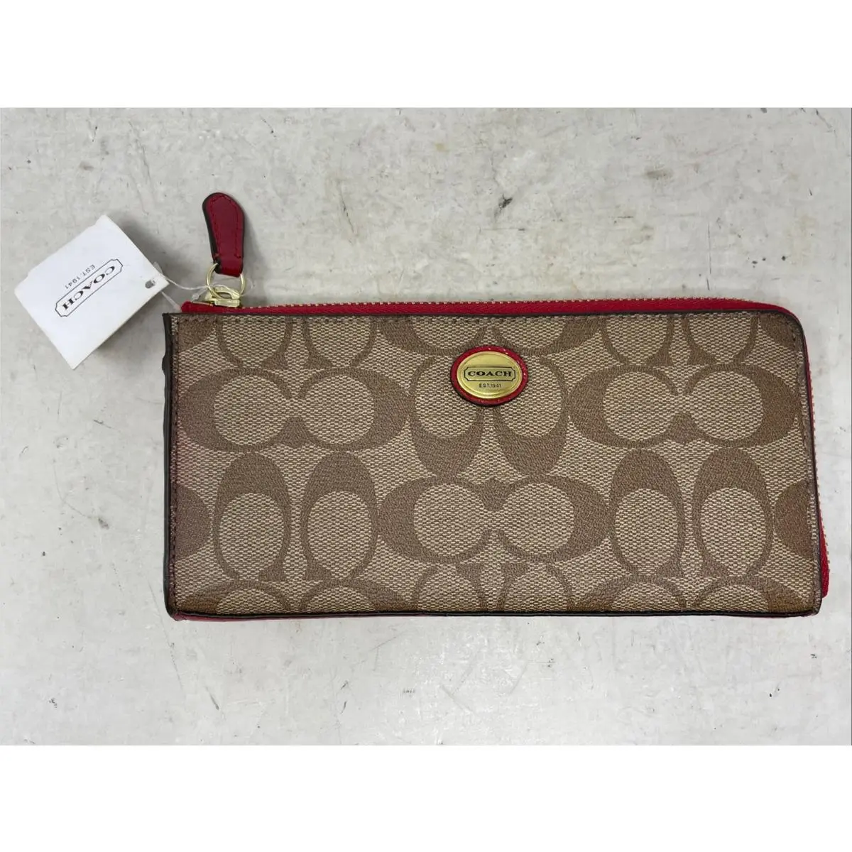 Coach Peyton Signature Slim Zip Wallet F49964 Bkhrd Khaki/red M7